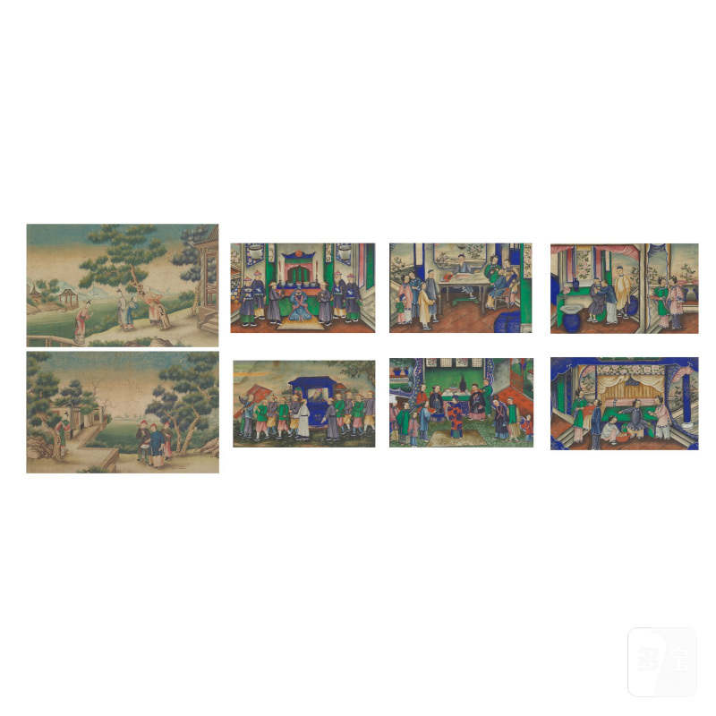 中國畫家 十八/十九世紀 人物園景圖一組八幅 水粉紙本 鏡框 | CHINESE ARTISTS (18TH/19TH CENTURY)